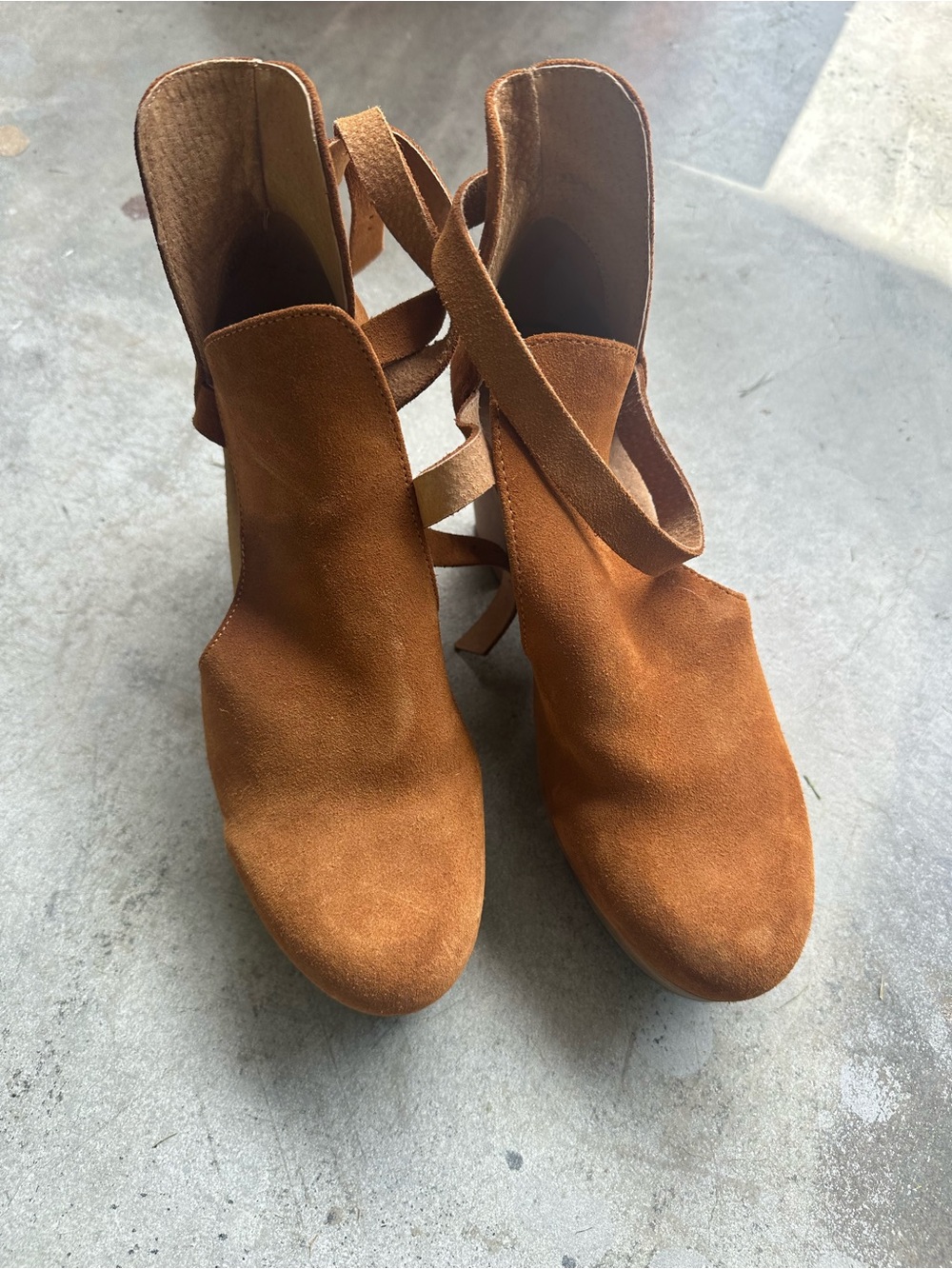 Free People Cognac Suede Wrap Ankle Booties